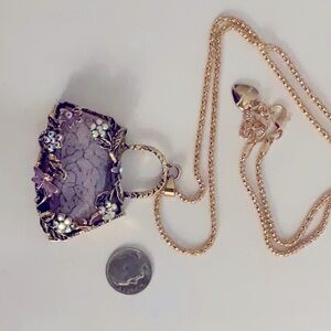 Unique Lavender Pocketbook Pendant W/Gold and Rhinestone and Glass Necklace